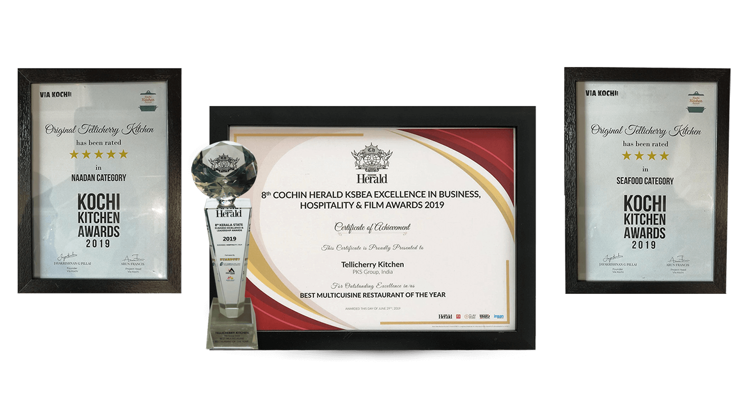 Best Naadan Restaurant-Kochi Kitchen Awards 2019:Best Multicuisine Restaurant-8th Cochin Herald KSBEA Excellence in Business,Hospitality&Film Awards 2019:Best Seafood Restaurant-Kochi Kitchen Awards 2019